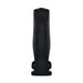 Introducing the Rocketeer Vibrating Penis Enhancer Sheath by Evolved Novelties. This black cylindrical handheld device features a textured exterior and includes a circular power button positioned near the center. Made from body-safe silicone, it boasts an open end at the top and a slightly tapered base with two small protruding handles for enhanced control.