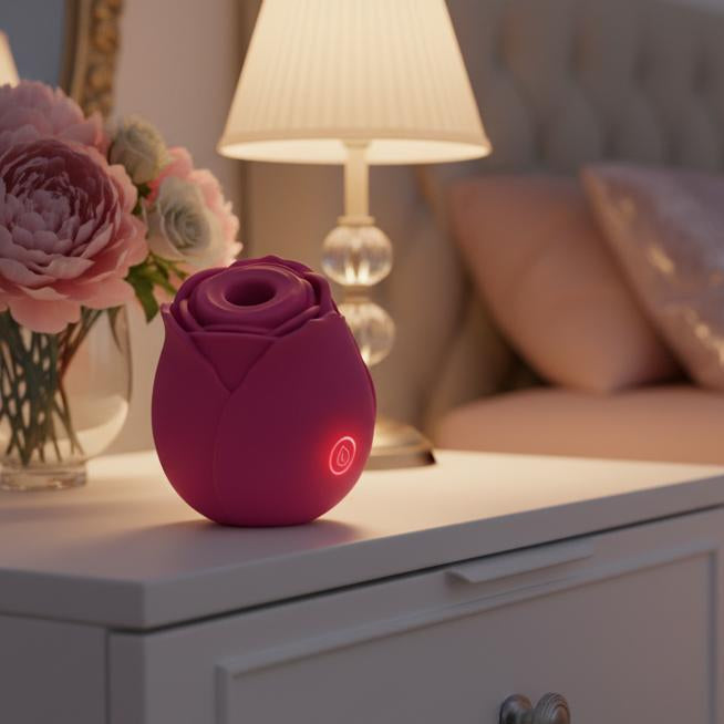 The Rose Powerful Clitoral Air Pulsation Vibrator is a red, rose-shaped silicone device with a circular top opening and glowing power button, providing gentle clitoral stimulation through air pulsation.