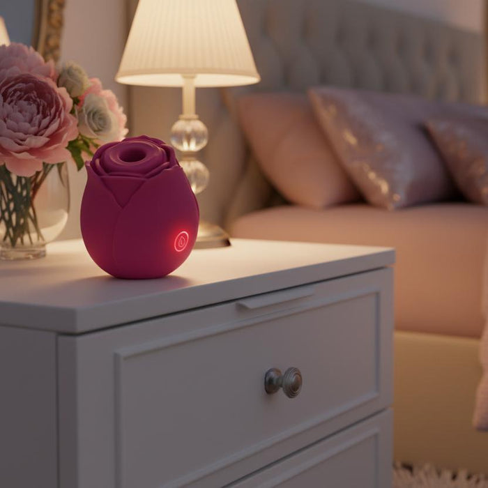 The Rose Powerful Clitoral Air Pulsation Vibrator is a red, rose-shaped silicone device with a circular top opening and glowing power button, providing gentle clitoral stimulation through air pulsation.