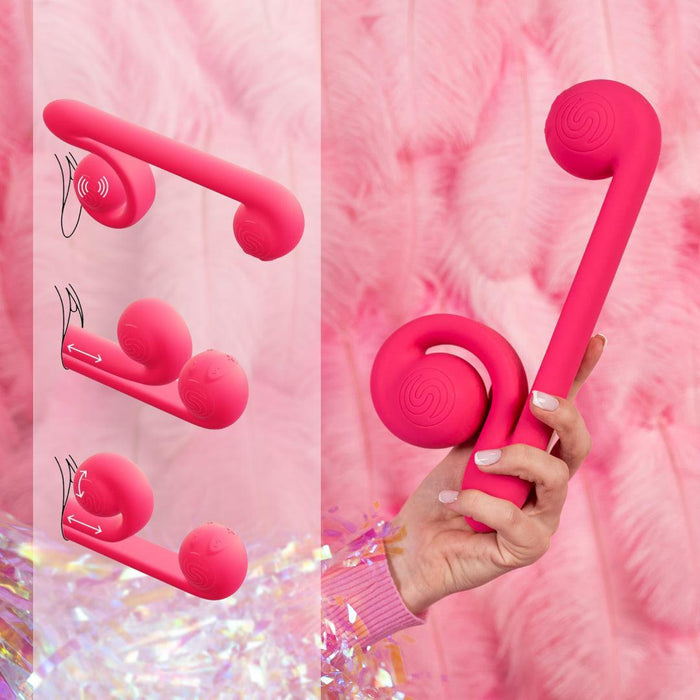 A hand holds a vibrant pink, curly-shaped Snail Vibe Ultra Powerful 2 Motor Dual Stimulating Vibrator against a fluffy pink background. To the left, three drawings illustrate this Snail Vibe's adjustability with top, middle, and bottom positions, showcasing its flexibility and multifunctional design in waterproof silicone.