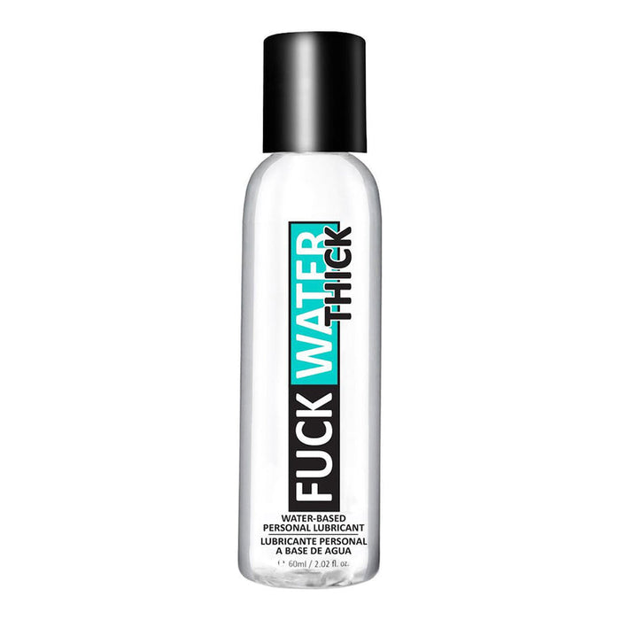 A clear plastic bottle with a black cap labeled “Fuck Water Thick Cushioning Water Based Lubricant,” contains 2 oz of ultra-thick, pH-balanced lubricant. Spanish text appears below for safe, comfortable use.