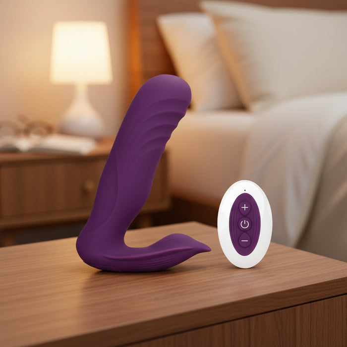 A purple, curved silicone vibrator with a textured design, known as The Velvet Hammer Thrusting Hands-Free Dual Stimulation Vibrator by Evolved Novelties, is shown next to a white, oval-shaped remote control with four buttons: a "+" symbol, a "-" symbol, a power button, and a waveform button. This waterproof vibrator ensures versatile pleasure for any moment.