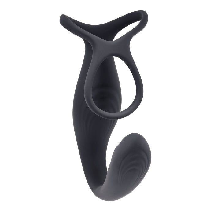 Introducing The Wrangler Vibrating Cock Ring and Butt Plug with Remote by Evolved Novelties. This black silicone ergonomic toy features a curved, smooth design with a ring and loop at the top for added grip or attachment purposes. Sleek and modern, it is waterproof and includes a double cock ring feature for enhanced pleasure.
