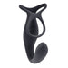 Introducing The Wrangler Vibrating Cock Ring and Butt Plug with Remote by Evolved Novelties. This black silicone ergonomic toy features a curved, smooth design with a ring and loop at the top for added grip or attachment purposes. Sleek and modern, it is waterproof and includes a double cock ring feature for enhanced pleasure.