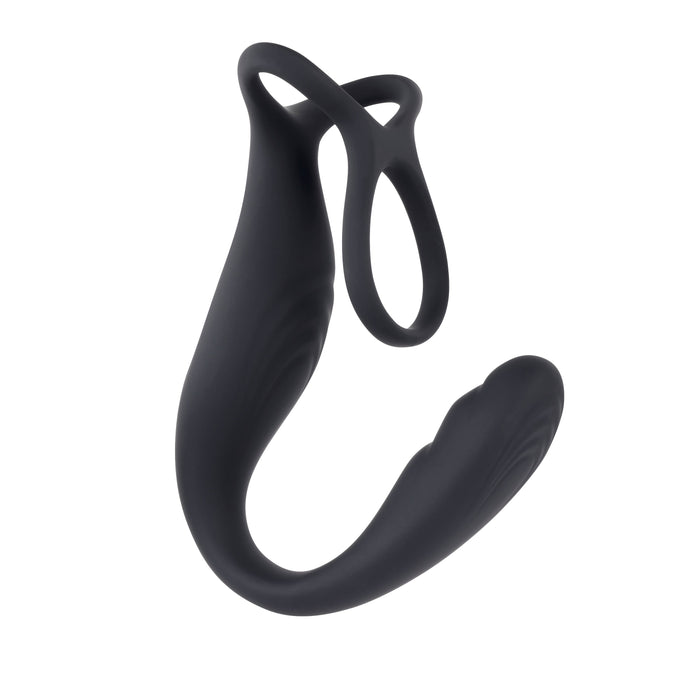 The Wrangler Vibrating Cock Ring and Butt Plug with Remote by Evolved Novelties is a black silicone sex toy featuring a loop for placement around the penis and an ergonomically designed curved section for prostate stimulation. Its smooth texture ensures comfort, and it's also waterproof to enhance your experience.
