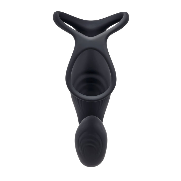 The Wrangler Vibrating Cock Ring and Butt Plug with Remote from Evolved Novelties is a black silicone waterproof male sex toy featuring a double cock ring at the top, designed to enhance sexual pleasure and performance. The toy has a sleek, ergonomic shape for comfort and stimulation.