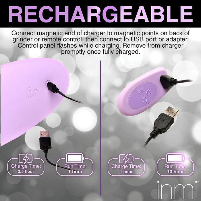The XR Brands' Thrust 'N' Grind Thrusting & Vibrating Silicone Grinder with Remote, labeled "RECHARGEABLE," features an image of a purple Mini sex machine connected to a charging cable. Instructions detail charging the device via magnetic points and USB, with a charge time of 1 hour and a run time of 1 hour. The control panel flashes when charging, ensuring you're ready for thrusting vibration fun.
