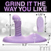 The Thrust 'N' Grind Thrusting & Vibrating Silicone Grinder with Remote by XR Brands is a purple adult toy with a curved shape and ribbed design, featuring thrusting vibration. It offers a thrust length of 4-4.5 inches and a width of 1.6 inches, and includes a wireless remote control. The dimensions are listed as 1.6 inches, 1.25 inches, and 9.3 inches on the packaging, which features black background text stating "Grind It The Way You Like.