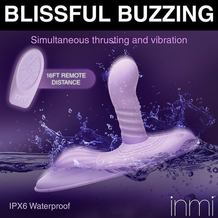 The Thrust 'N' Grind Thrusting & Vibrating Silicone Grinder with Remote by XR Brands is shown in a vibrant purple shade. Submerged in water, this waterproof mini sex machine features simultaneous thrusting and vibrating functions. It includes a wireless remote control that works up to 16 feet away. The image displays the text "Blissful Buzzing" and "IPX6 Waterproof" at the bottom.
