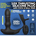 This image shows an advertisement for XR Brands Thunder Plugs Thrusting Silicone Anal Vibrator w/ Cock & Ball Strap. The product features 3 speeds and 7 patterns.