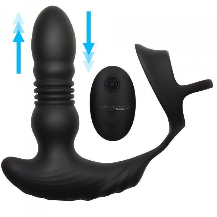 This image shows the XR Brands Thunder Plugs Thrusting Silicone Anal Vibrator w/ Cock & Ball Strap designed for prostate and anal lovers. It features multiple areas of stimulation and is accompanied by directional arrows indicating vibration or thrusting movement, along with the
