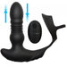 This image shows the XR Brands Thunder Plugs Thrusting Silicone Anal Vibrator w/ Cock & Ball Strap designed for prostate and anal lovers. It features multiple areas of stimulation and is accompanied by directional arrows indicating vibration or thrusting movement, along with the