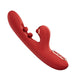 The Tickler Wiggling G-Spot Vibrator & Tapping Clitoral Stimulator in red features dual stimulation and control buttons on the handle, with gold accents, designed for targeted clitoral and G-spot pleasure. Shown against a white background.