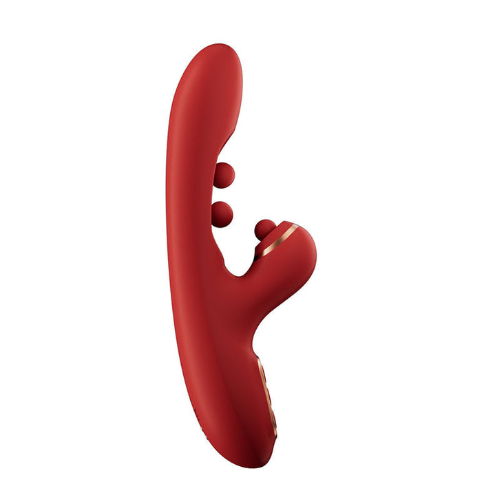 The Tickler Wiggling G-Spot Vibrator & Tapping Clitoral Stimulator in red features a curved silicone design with two rounded ends for G-spot and clitoral stimulation, accented with gold details, shown on a white background.