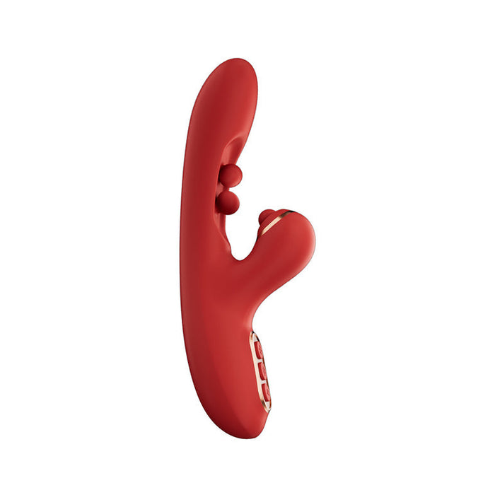 The Tickler Wiggling G-Spot Vibrator & Tapping Clitoral Stimulator - Red features a curved silicone design with twin balls, a smaller extension, and inner raised bumps for G-spot massage and clitoral stimulation, displayed on a white background.