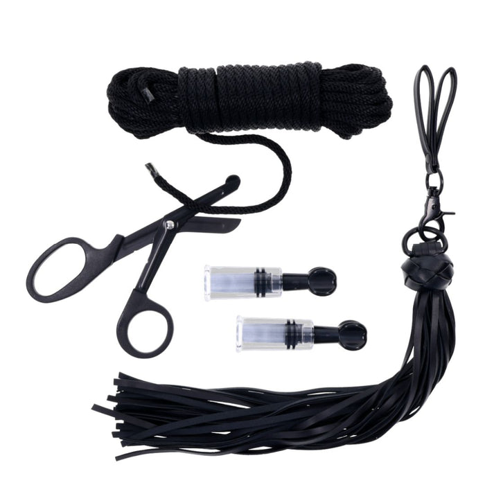 A collection of black BDSM gear including rope, scissors, two small transparent nipple suckers, and a flogger from the Tied and Twisted Bondage Set by Sportsheets, arranged neatly on a white background.