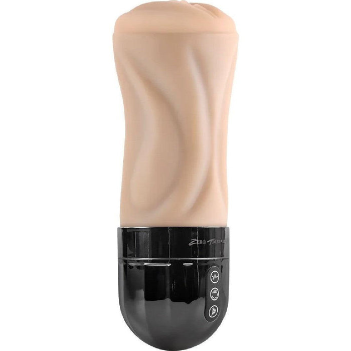 A handheld male masturbator with a soft, flesh-toned sleeve featuring wave-like patterns and a black plastic base with three control buttons, enhanced by various vibrating speeds to elevate pleasure: the XR Brands Tight Lipped Vibrating Vanilla Stroker with Suction + Free Movie Download.