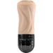 A handheld male masturbator with a soft, flesh-toned sleeve featuring wave-like patterns and a black plastic base with three control buttons, enhanced by various vibrating speeds to elevate pleasure: the XR Brands Tight Lipped Vibrating Vanilla Stroker with Suction + Free Movie Download.