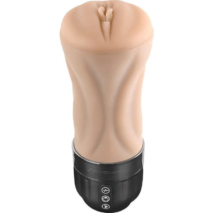 The XR Brands Tight Lipped Vibrating Vanilla Stroker with Suction + Free Movie Download features a flesh-colored, soft, silicone sleeve designed to resemble a vagina, and a black base with control buttons for various settings. The toy includes multiple vibrating speeds and sucking functions for enhanced personal use.