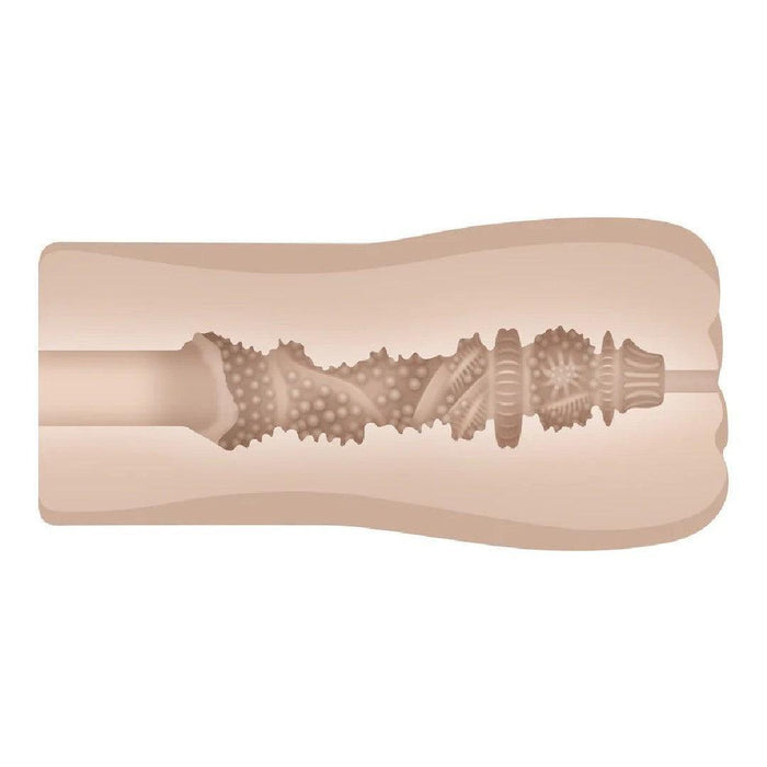 A cross-sectional view of a flesh-toned, cylindrical masturbator featuring various textured and ribbed interior patterns. The XR Brands Tight Lipped Vibrating Vanilla Stroker with Suction + Free Movie Download appears hollow, showcasing an intricate inner structure designed with numerous bumps, ridges, and grooves for enhanced pleasure.