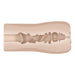 A cross-sectional view of a flesh-toned, cylindrical masturbator featuring various textured and ribbed interior patterns. The XR Brands Tight Lipped Vibrating Vanilla Stroker with Suction + Free Movie Download appears hollow, showcasing an intricate inner structure designed with numerous bumps, ridges, and grooves for enhanced pleasure.