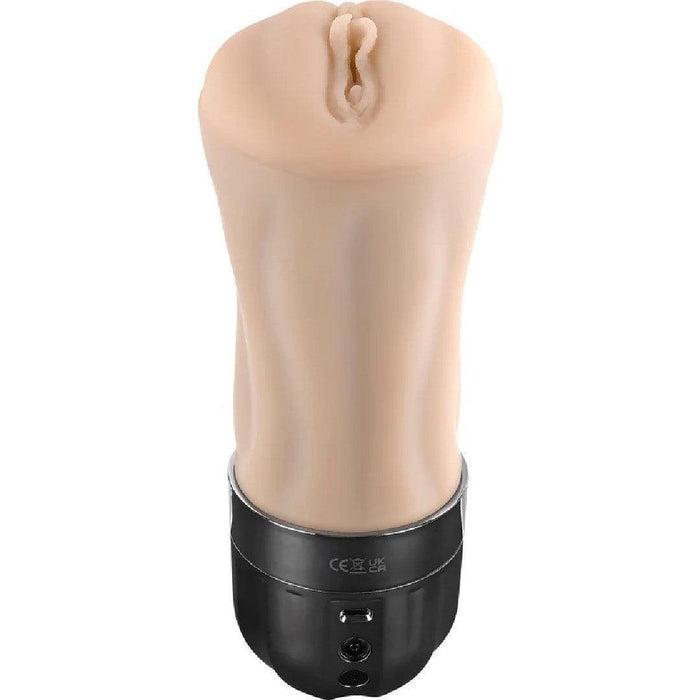 A realistic-looking sex toy, the XR Brands Tight Lipped Vibrating Vanilla Stroker with Suction + Free Movie Download, designed as a masturbator, with a beige, flesh-like texture attached to a black cylindrical base equipped with buttons for controlling sucking functions and vibrating speeds.