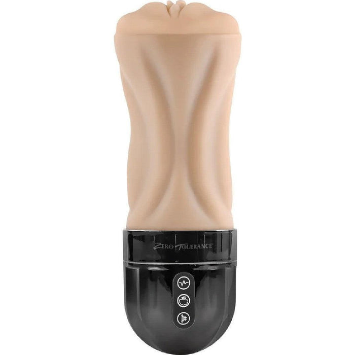 A beige-colored sex toy with a soft silicone sleeve designed to resemble a mouth, paired with a sleek black base featuring three control buttons. The XR Brands Tight Lipped Vibrating Vanilla Stroker with Suction + Free Movie Download offers multiple vibrating speeds and sucking functions for an enhanced experience.