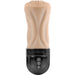 A beige-colored sex toy with a soft silicone sleeve designed to resemble a mouth, paired with a sleek black base featuring three control buttons. The XR Brands Tight Lipped Vibrating Vanilla Stroker with Suction + Free Movie Download offers multiple vibrating speeds and sucking functions for an enhanced experience.