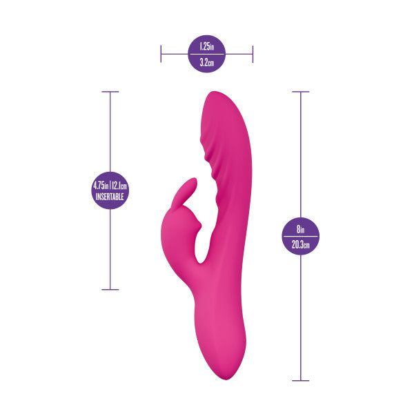 The Wild Lust Slim Beginner G-Spot Rabbit Vibrator, in pink silicone, features a curved shaft for intense G-spot stimulation and an external clitoral stimulator. Displayed vertically, it measures 8" long (4.75" insertable) with a 1.25" diameter.