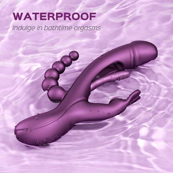 The purple Trilux App-Controlled Kinky Finger Rabbit Vibrator with Anal Beads floats in rippling water. Text reads, "WATERPROOF" and "Enjoy bathtime orgasms with multiple vibrating modes.