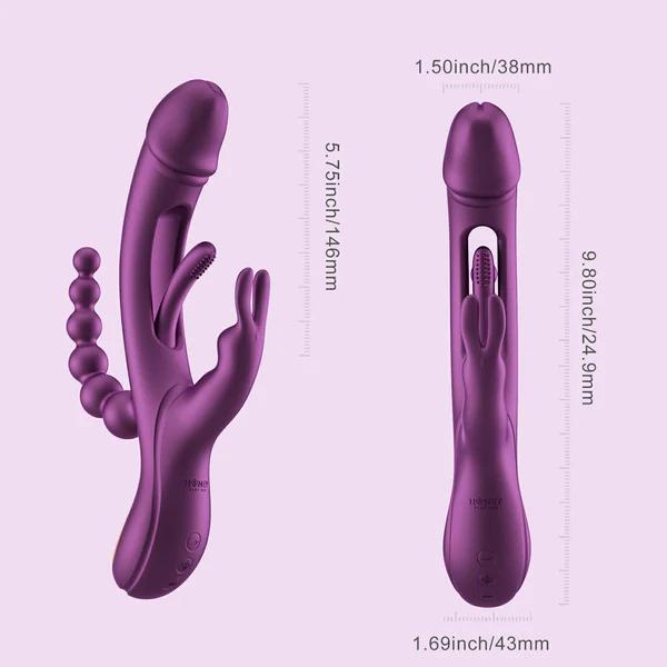 The Trilux App-Controlled Kinky Finger Rabbit Vibrator in purple features a dual-ended design: one end with a contoured head and flexible extension for G-spot stimulation, the other with anal beads and vibrating modes. Dimensions available in inches and millimeters.