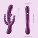 The Trilux App-Controlled Kinky Finger Rabbit Vibrator in purple features a dual-ended design: one end with a contoured head and flexible extension for G-spot stimulation, the other with anal beads and vibrating modes. Dimensions available in inches and millimeters.
