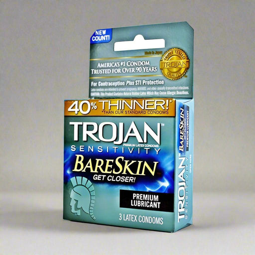 A box of Paradise Marketing Trojan Bareskin Thinner Latex Condoms (3 Pack), advertising 40% thinner material for increased sensitivity and a feel closer to natural, with a premium lubricant, containing 3 lubricated latex condoms.