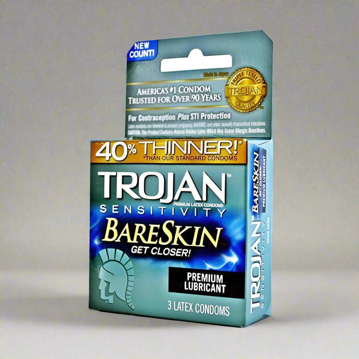 A box of Paradise Marketing Trojan Bareskin Thinner Latex Condoms (3 Pack), advertising 40% thinner material for increased sensitivity and a feel closer to natural, with a premium lubricant, containing 3 lubricated latex condoms.
