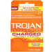 An orange and yellow package of Paradise Marketing's Trojan Charged W/intensified Lubricant Condoms advertising "warming lubricant" for "orgasmic pleasure", containing 3 latex condoms.