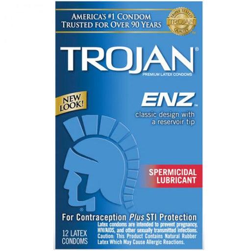 A blue box of Paradise Marketing Trojan Condom Enz With Spermicidal Lubricant 12 Pack, labeled "ENZ" and featuring a helmeted Trojan warrior logo. The packaging indicates it contains 12 latex condoms with Nonoxynol-9 spermicide, designed with a reservoir tip for contraception and HIV prevention plus STI protection.