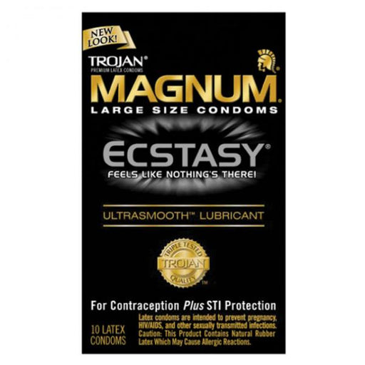 A box of Paradise Marketing Trojan Ecstasy Magnum Condoms With Ultrasmooth Lubricant featuring black and gold packaging is displayed, highlighting its large size and UltraSmooth lubricant. The box indicates it contains 10 premium latex condoms.