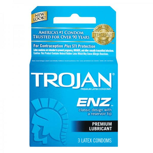 Image of a blue box of Paradise Marketing Trojan ENZ Lubricated Condoms 3 Pack. The packaging highlights its classic design with a reservoir tip for contraception and STI protection. It contains 3 latex condoms. The top mentions "New Look!" and "America's #1 Condom Trusted for Over 90 Years.
