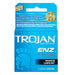 Image of a blue box of Paradise Marketing Trojan ENZ Lubricated Condoms 3 Pack. The packaging highlights its classic design with a reservoir tip for contraception and STI protection. It contains 3 latex condoms. The top mentions "New Look!" and "America's #1 Condom Trusted for Over 90 Years.