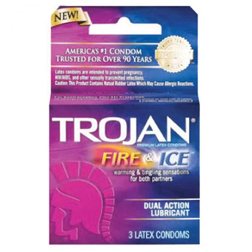 The Trojan Fire & Ice Lubricated Latex Condoms packaging is adorned in purple and pink with its iconic helmet logo, featuring dual action lubricant for warming and tingling sensations, each box contains three premium latex condoms for an invigorating experience.