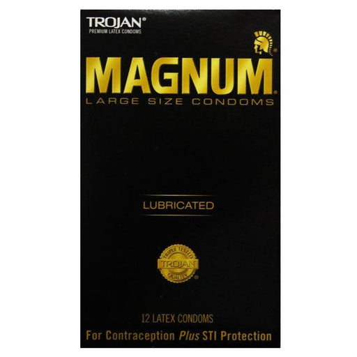 A box of Trojan Magnum Lubricated Larger Sized Latex Condoms contains 12 large, lubricated condoms made from premium latex for comfort, offering contraception and STI protection. The packaging is black and highlights its larger size.