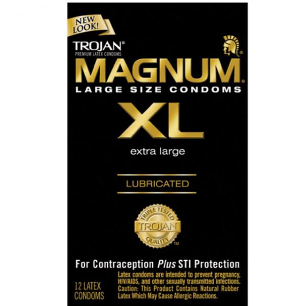 The Trojan Magnum XL Lubricated Latex Condoms feature a sleek black package with gold accents and "New Look!" text at the top left. Inside, there are 12 premium latex condoms providing reliable contraception and STI protection.