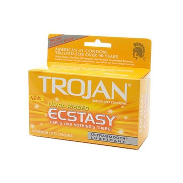 A box of Paradise Marketing Trojan Ultra Ribbed Ecstasy Lubricated Condoms 2 Pack. The orange packaging with white text highlights features like "Ultra Ribbed," "Feels Like Nothing's There!," and "Ultrasmooth Lubricant." Inside, you'll find 2 premium latex condoms designed for maximum pleasure and safety.