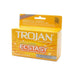 A box of Paradise Marketing Trojan Ultra Ribbed Ecstasy Lubricated Condoms 2 Pack. The orange packaging with white text highlights features like "Ultra Ribbed," "Feels Like Nothing's There!," and "Ultrasmooth Lubricant." Inside, you'll find 2 premium latex condoms designed for maximum pleasure and safety.