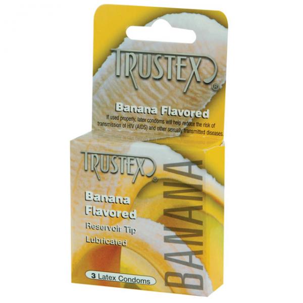 A box of Trustex Flavored Condoms Banana 3 Pack. The yellow packaging features an image of bananas and text that says "Banana Flavored," "Reservoir Tip," and "Lubricated." Each box includes 3 Trustex flavored condoms.