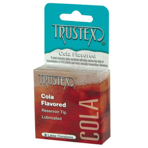 Box of Trustex Flavored Condoms Cola 3 Pack with Reservoir Tip, containing 3 latex condoms. The box is primarily turquoise and brown with an image of a cola drink, and Trustex branding prominently displayed at the top.