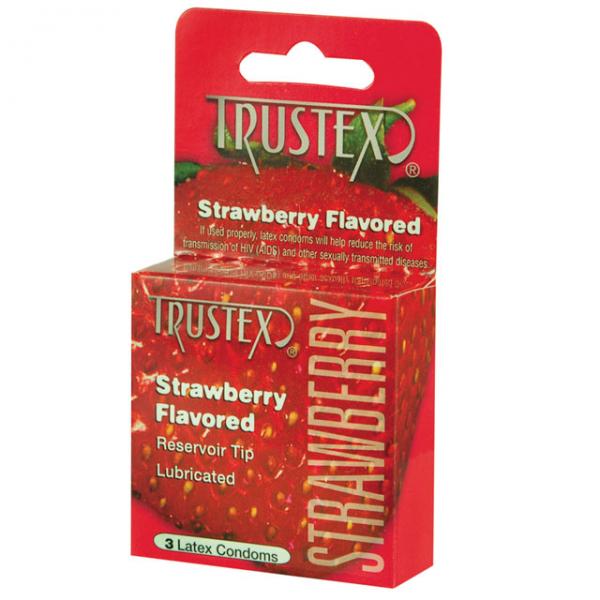A red box of Trustex Trustex Flavored Condoms Strawberry 3 Pack. The box features a strawberry image and text indicating the contents as "Strawberry Flavored," "Reservoir Tip," "Lubricated," and "3 Latex Condoms".