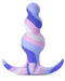 The image showcases the Twilight Beginner Purple and Pink Silicone Butt Plug by Blush, featuring a swirled design in pastel colors. The toy has a bulbous shape with three rounded sections and a curved, T-shaped base for easy handling and safety, making it ideal for anal beginners.