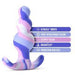 The Twilight Beginner Purple and Pink Silicone Butt Plug by Blush is perfect for anal beginners, featuring pastel tones and a wavy, textured surface. This premium platinum-cured silicone plug offers "UltraSilk Smooth," "Puria Revolutionary Silicone," "StayPut Design," "AnchorTech," and "Progressing Bead Sizes," all highlighted in stylish blue and purple text boxes.