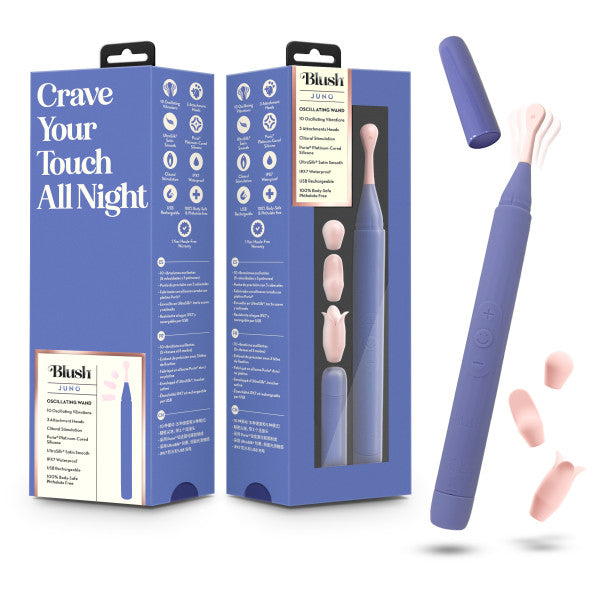 The Juno Precision Tip Oscillating Vibrator with 3 attachment heads, shown in purple with pink accessories and blue packaging labeled "Crave Your Touch All Night," includes a precision tip clitoral stimulator among its features.